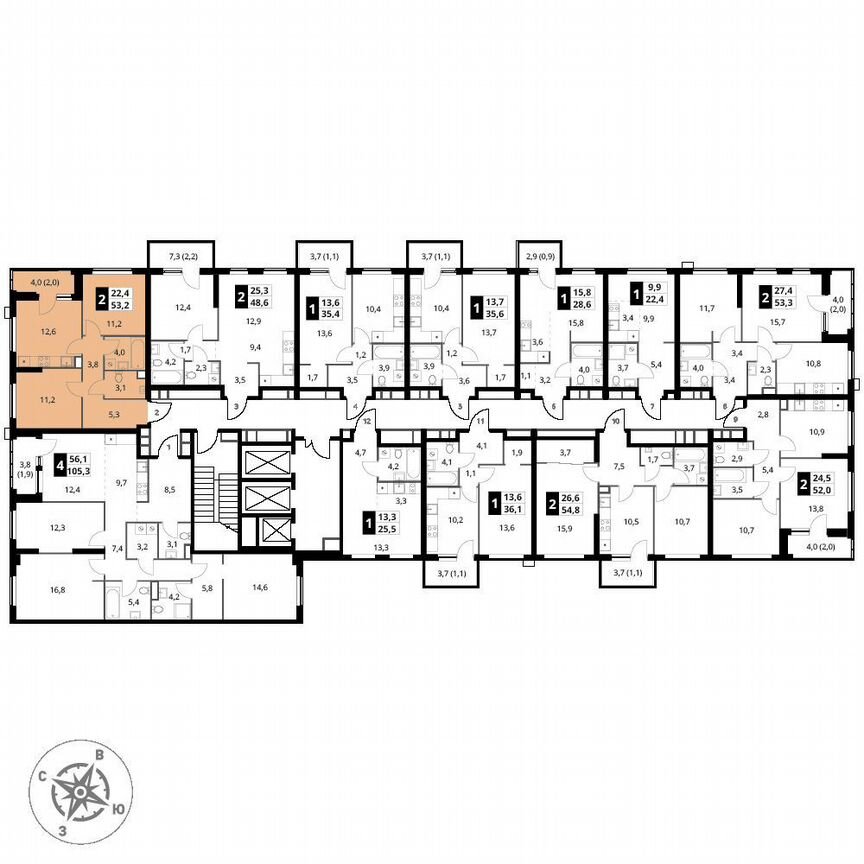 2-к. квартира, 53,2 м², 2/25 эт.