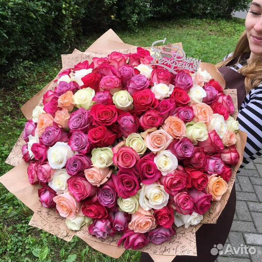 Букет разноцветных роз, Эквадор, 40см 37 шт