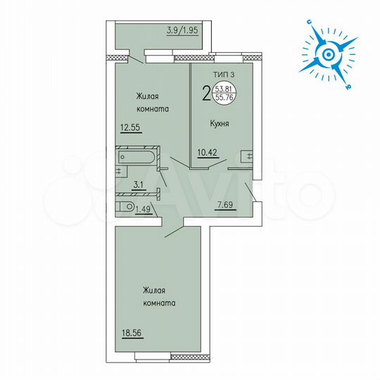 2-к. квартира, 53,8 м², 1/3 эт.