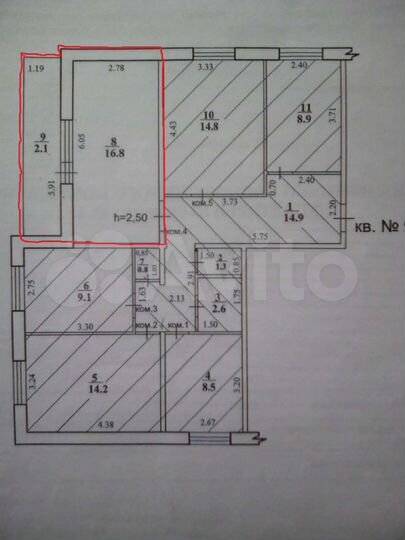 Комната 16,8 м² в 5-к., 5/5 эт.
