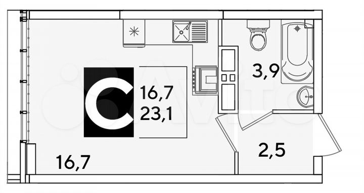 Квартира-студия, 23,1 м², 16/16 эт.