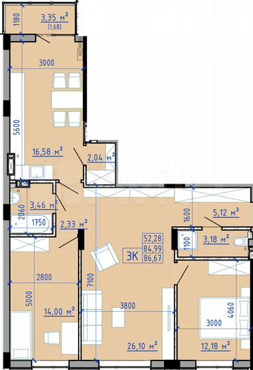 3-к. квартира, 86,5 м², 4/9 эт.
