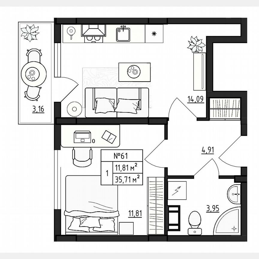 1-к. квартира, 35,7 м², 4/4 эт.