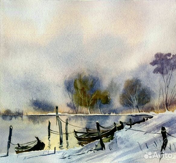 Картина акварелью Зимний пейзаж с лодками