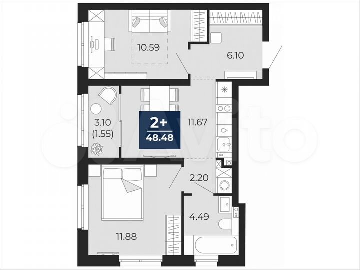 2-к. квартира, 48,5 м², 14/21 эт.