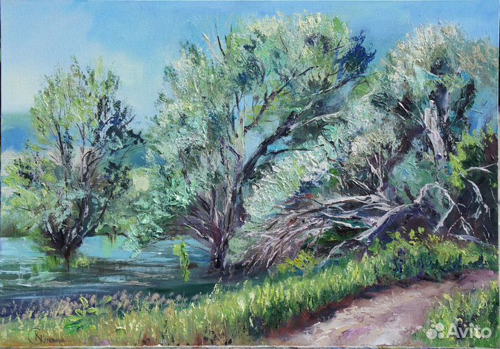 Картина маслом. Разлив. Река в гостях у леса