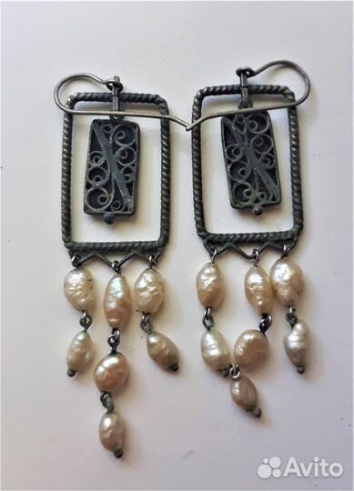 Серьги. Жемчуг. Чёрный перламутр.Серебро. Винтаж