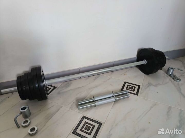 45кг: штанга 120см + гантели по 19кг обрезиненные