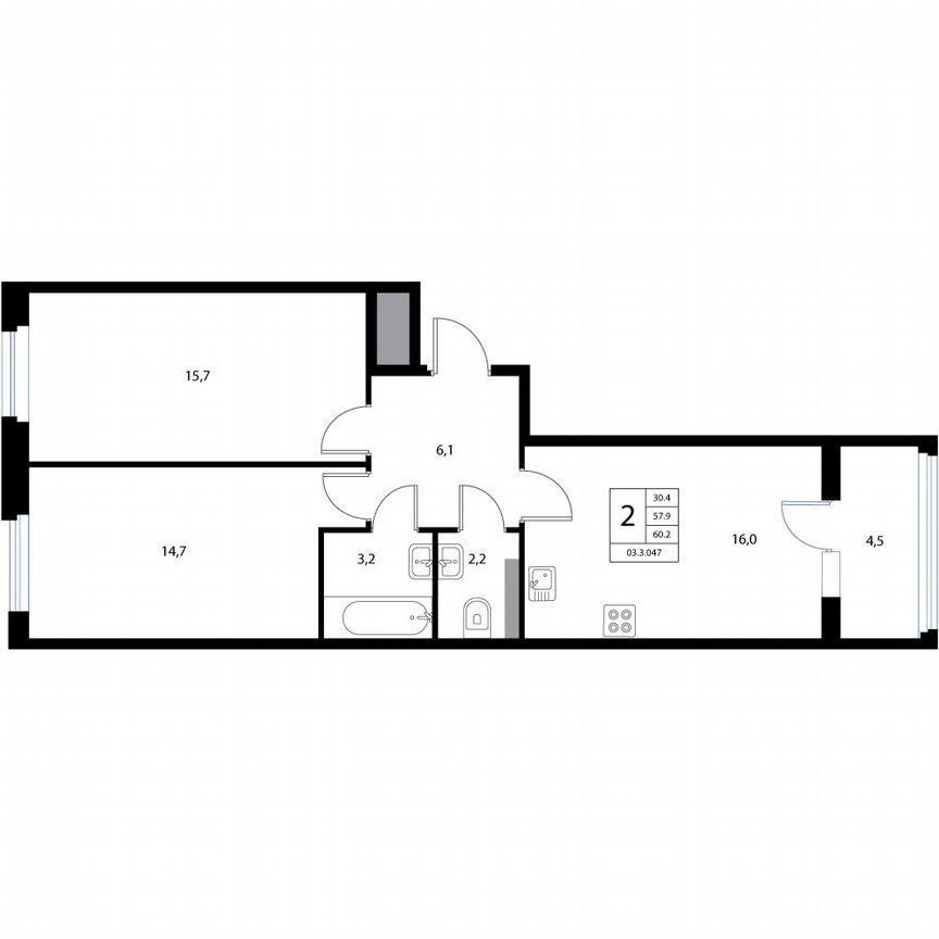 3-к. квартира, 60,2 м², 2/3 эт.