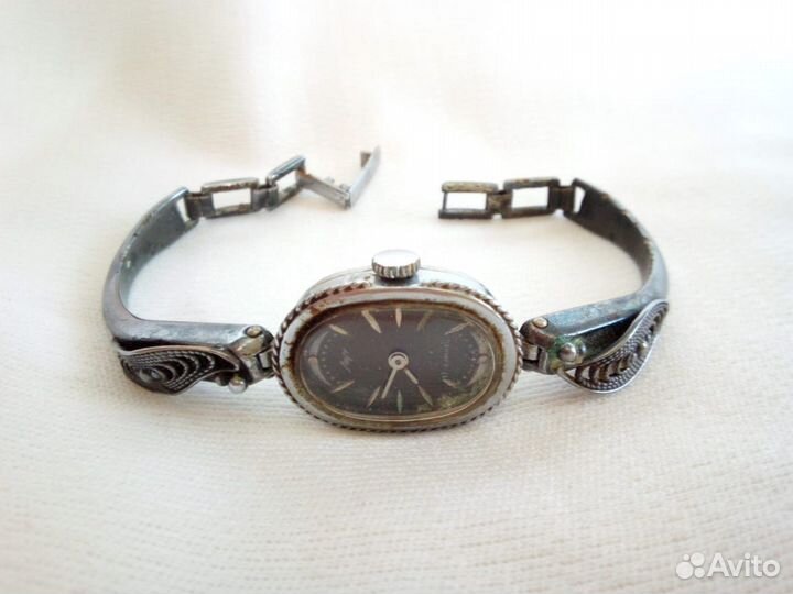 Женские часы Луч,браслет мельхиор, скань, СССР