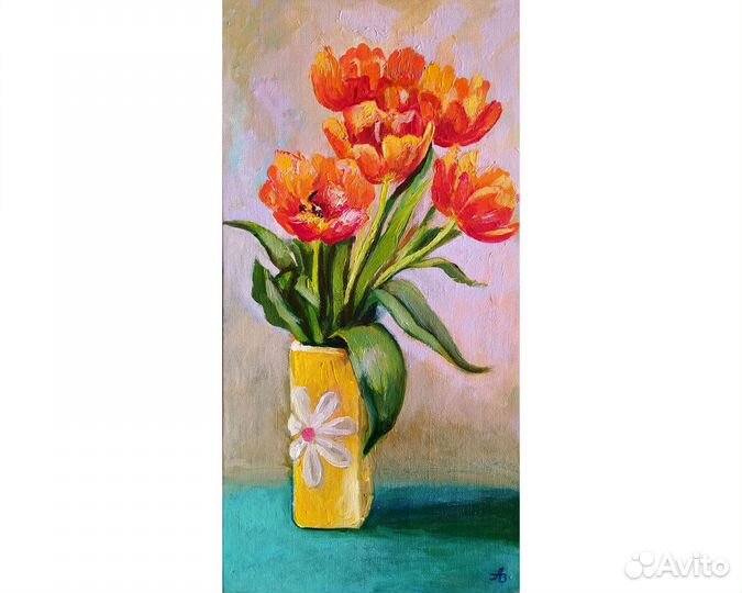 Картина Тюльпаны маслом на холсте в раме 20х40 см