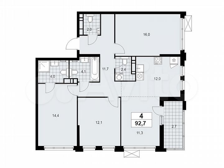 4-к. квартира, 92,7 м², 14/18 эт.