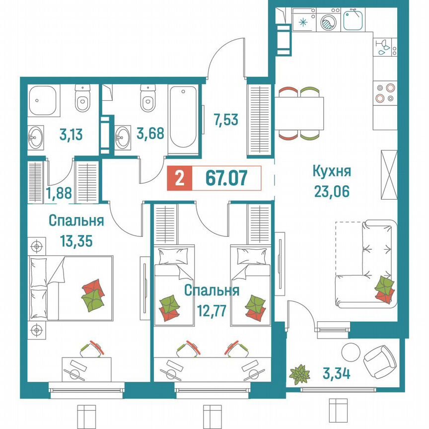 2-к. квартира, 67,1 м², 18/18 эт.
