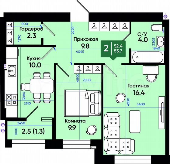 2-к. квартира, 53,7 м², 1/3 эт.