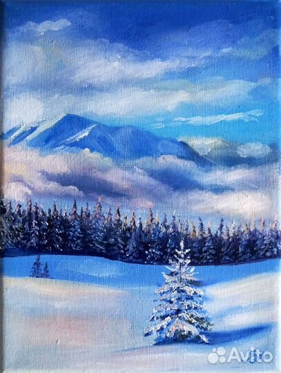 Картина с зимним пейзажем маслом на холсте