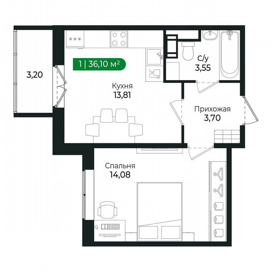 1-к. квартира, 36,1 м², 6/8 эт.