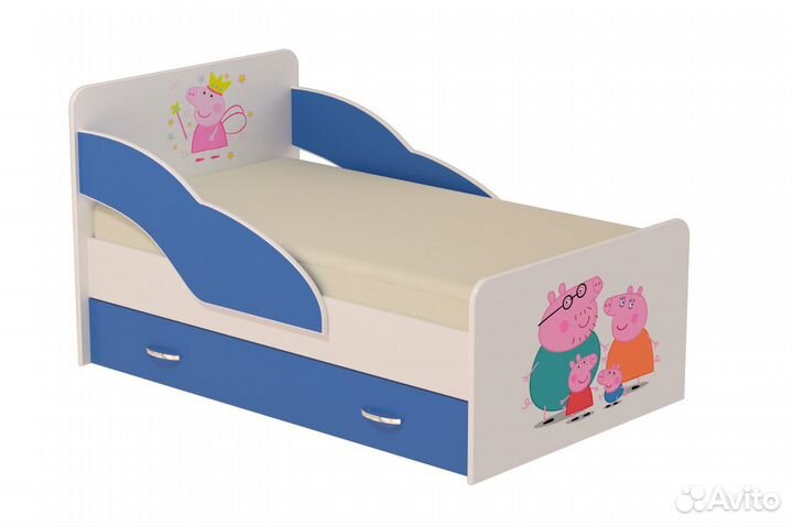 Детская кровать Пеппа с ящиком и 2-мя бортиками