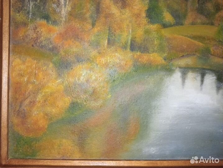 Картина маслом на двп. Озеро в осеннем лесу