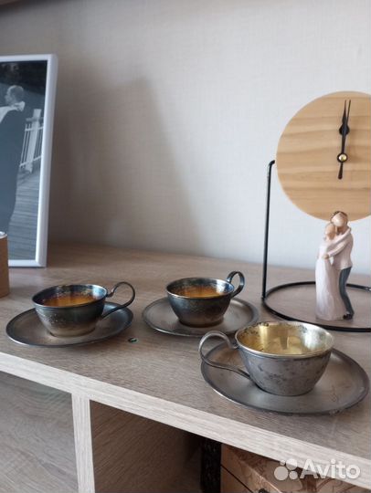 Кофейные чашки мельхиор с блюдцами