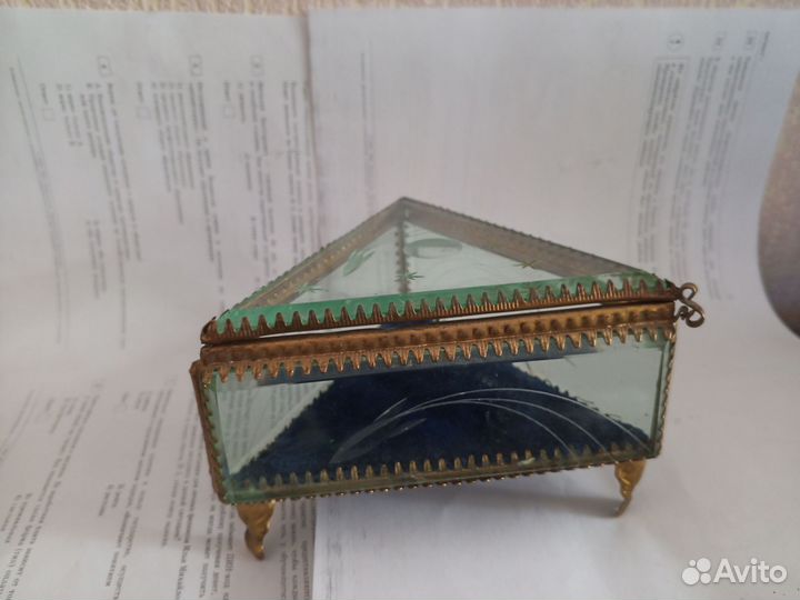 Шкатулка антикварная фацентное стекло бронза