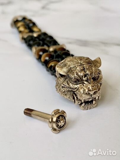 Мужской браслет Тигр из натуральной кожи и камней