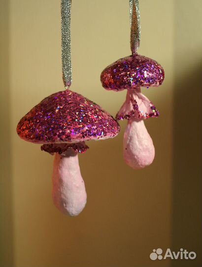 Ватная елочная игрушка гриб ручной работы