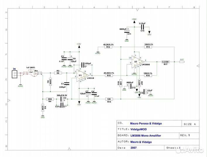 Печатная плата усилителя звука на LM3886+LM318