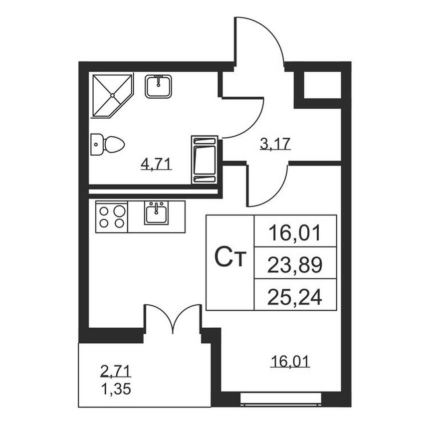 Квартира-студия, 25,2 м², 11/19 эт.