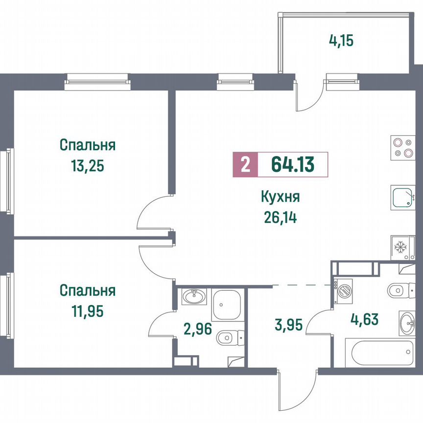 2-к. квартира, 64,1 м², 4/16 эт.