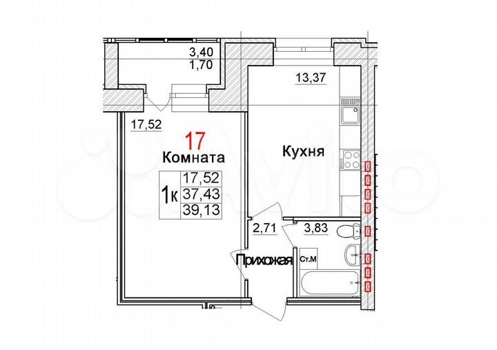 1-к. квартира, 39,1 м², 4/4 эт.