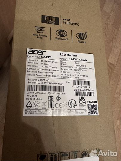 Монитор Acer K243Ybmix 23.8 дюйма 75Hz