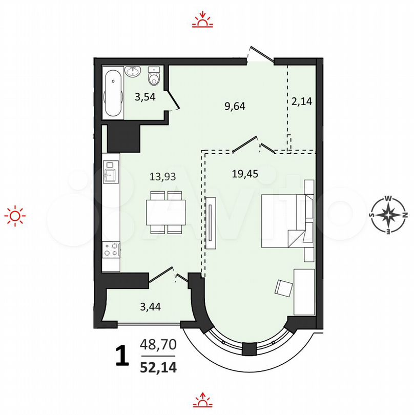 1-к. квартира, 52,1 м², 7/25 эт.