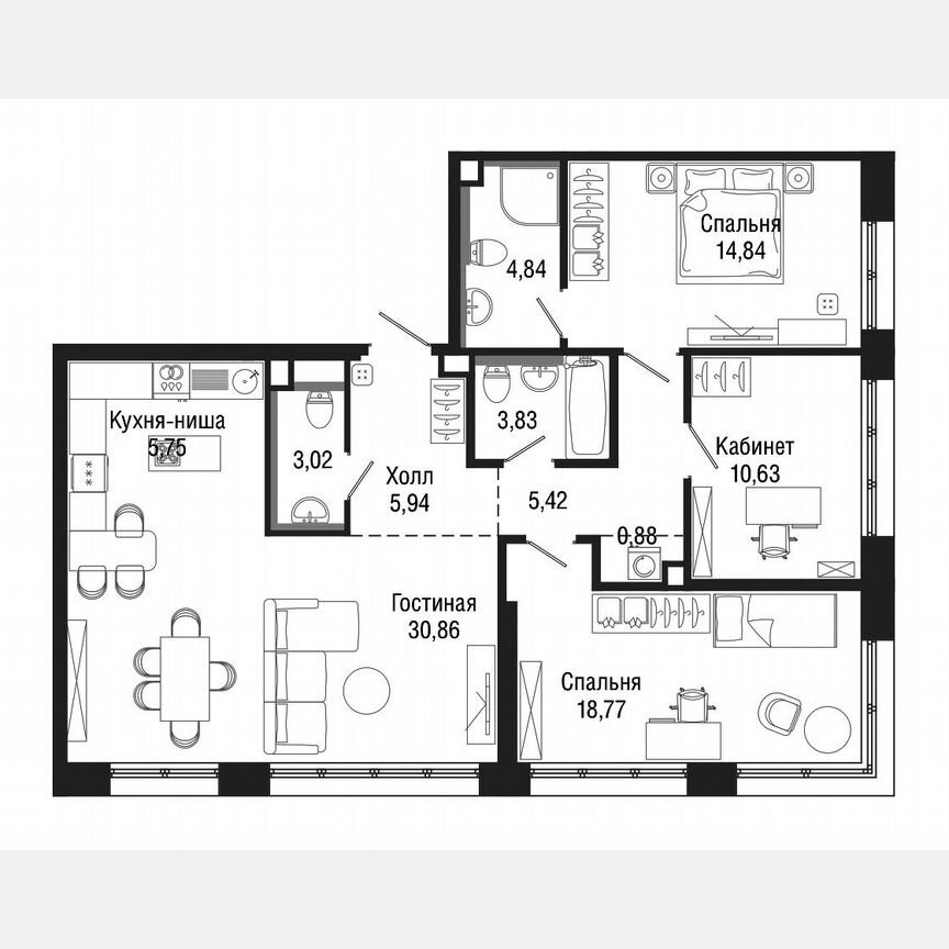 3-к. квартира, 104,4 м², 37/43 эт.