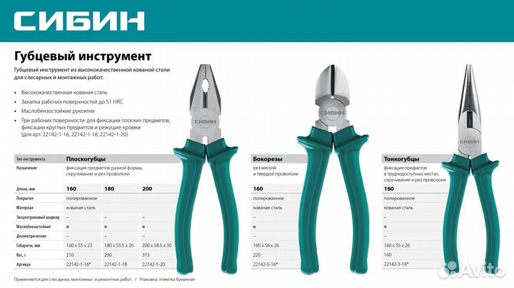 Плоскогубцы (22142-1-18), сибин 180 мм