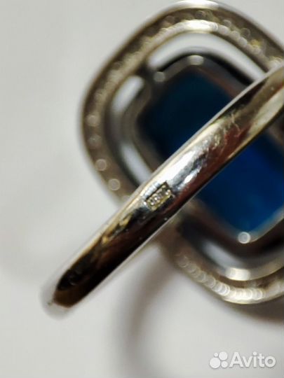 Элегант. кольцо сереб. с Синим Янтарем и фианитами