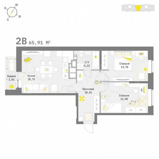 2-к. квартира, 65,9 м², 8/9 эт.