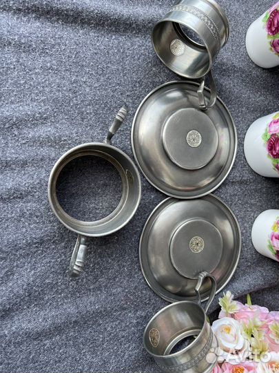 Винтажный кофейный набор, сахарница оловянная