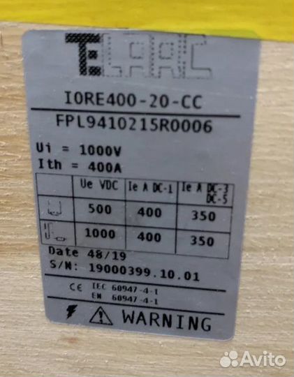 Контактор 1000 В 400 А telarc ABB