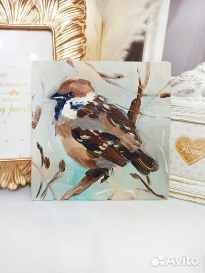 Картина воробей на ветке масло холст живопись