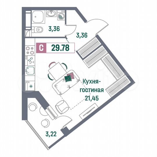 Квартира-студия, 29,8 м², 15/16 эт.