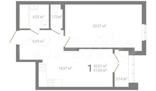 1-к. квартира, 51,7 м², 3/23 эт.