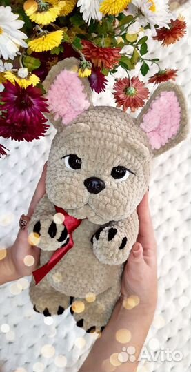 Вязаные игрушки ручной работы,собака бульдог