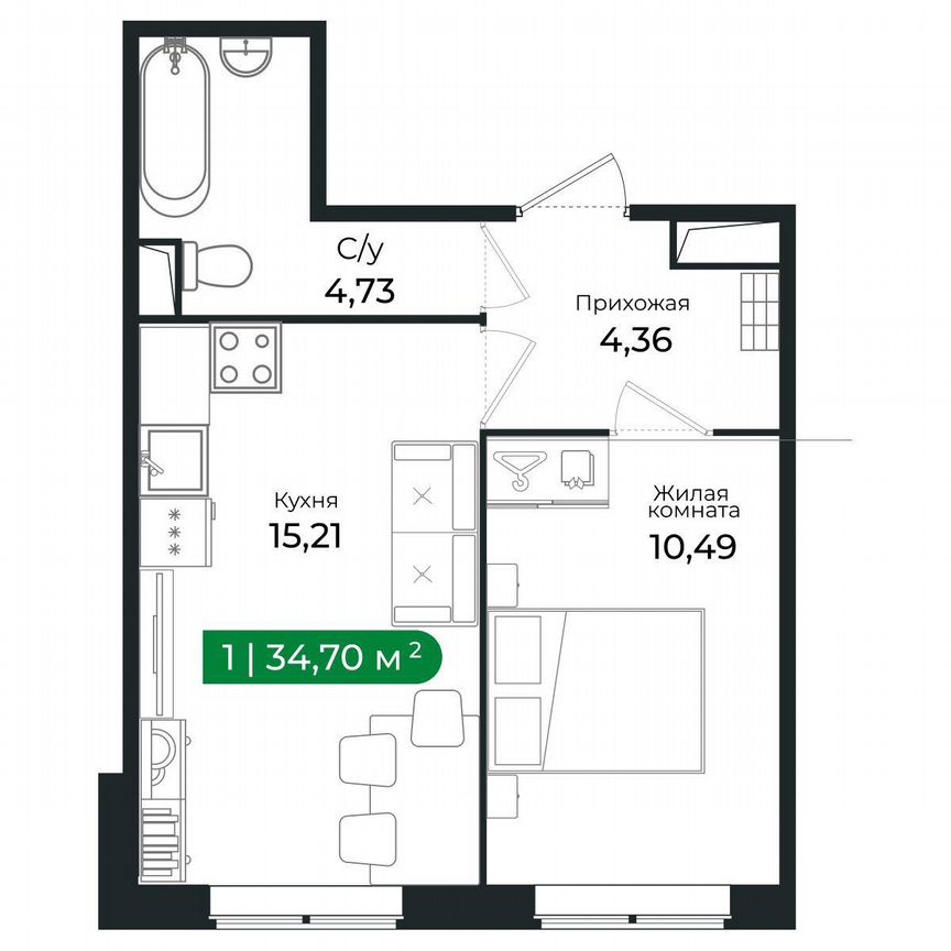 1-к. квартира, 34,5 м², 1/8 эт.