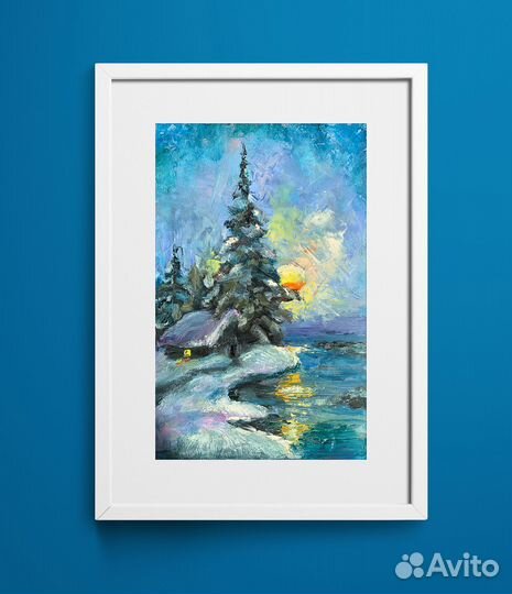 Картина маслом, зимний пейзаж, на картоне 14х23