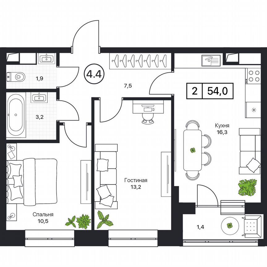 2-к. квартира, 54 м², 2/17 эт.