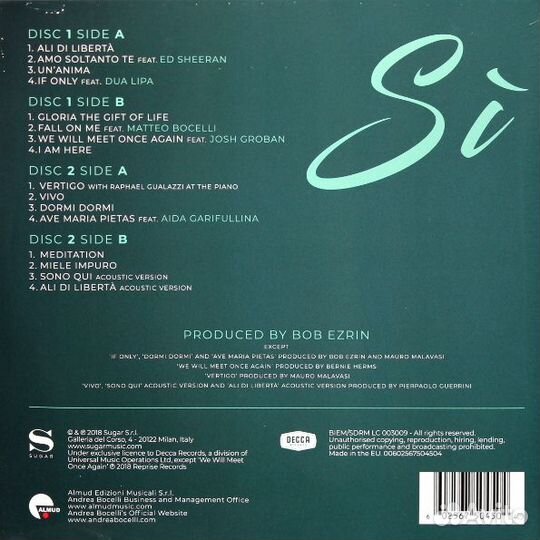 Виниловая пластинка andrea bocelli Si (2LP)