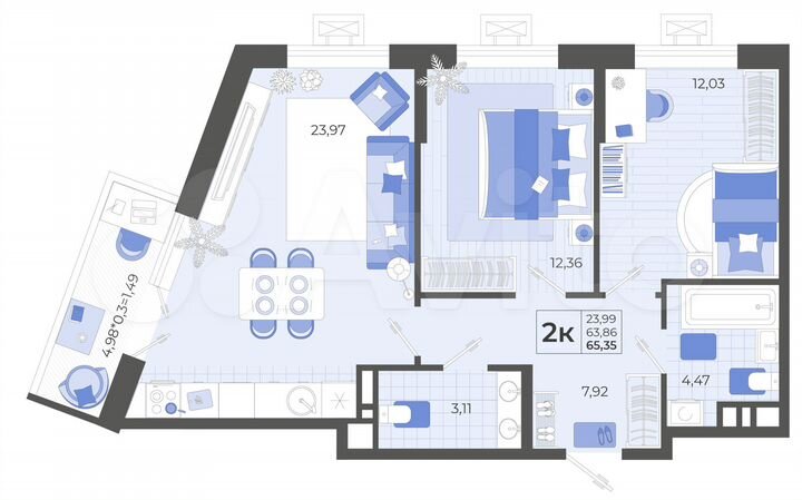 2-к. квартира, 65,4 м², 13/14 эт.