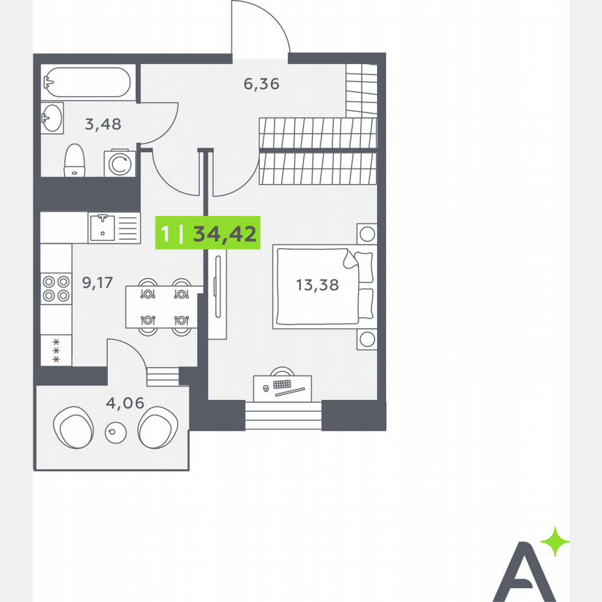 1-к. квартира, 34,2 м², 12/12 эт.
