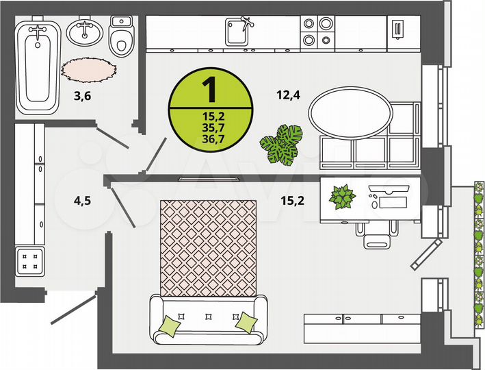 1-к. квартира, 35,7 м², 3/3 эт.