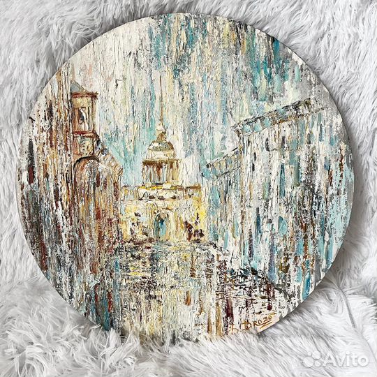 Дождь и музыка картина маслом круглая 40х40 см